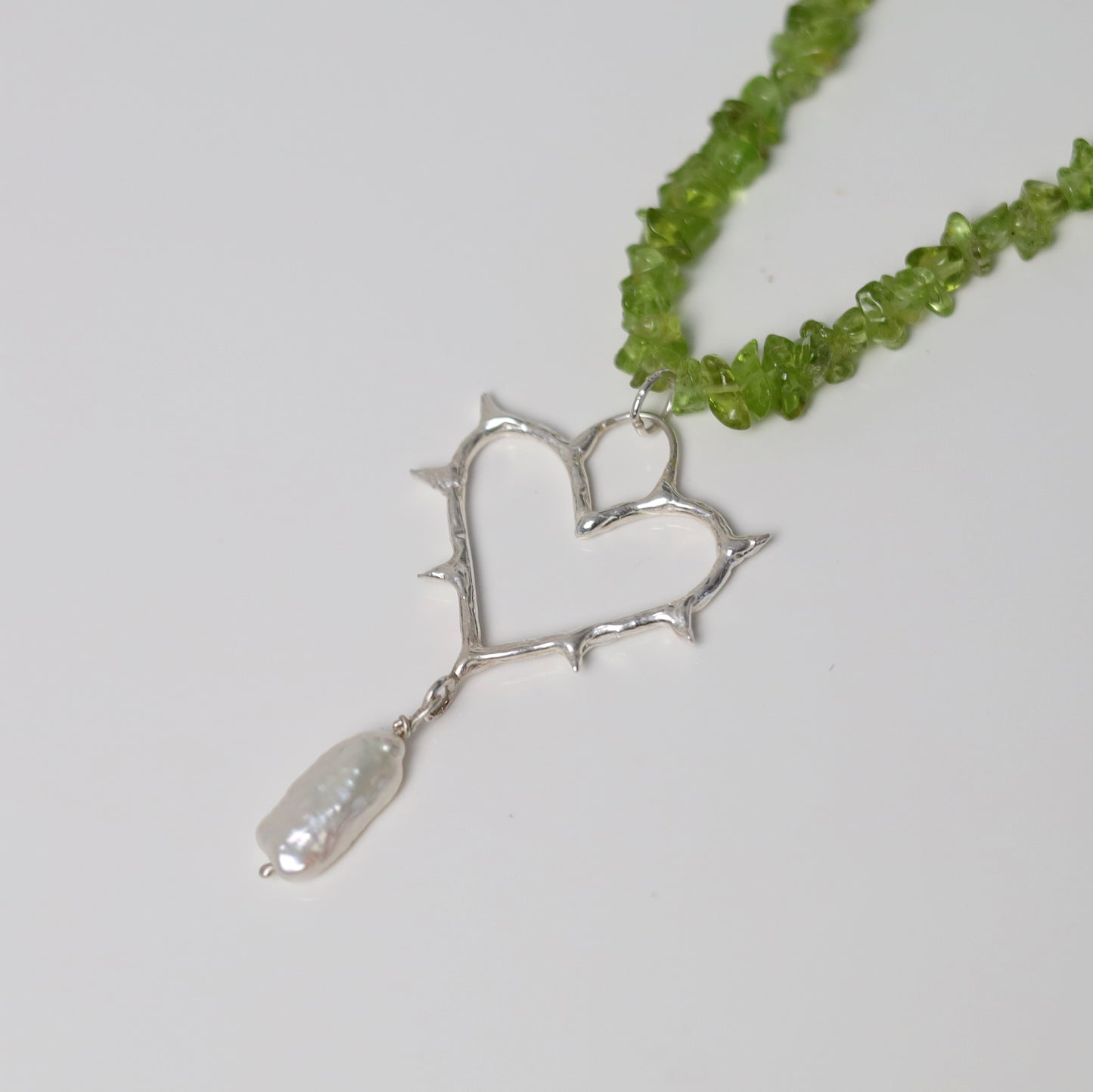 Sterling Silver Peridot & Pearl Cold Hearted Necklace