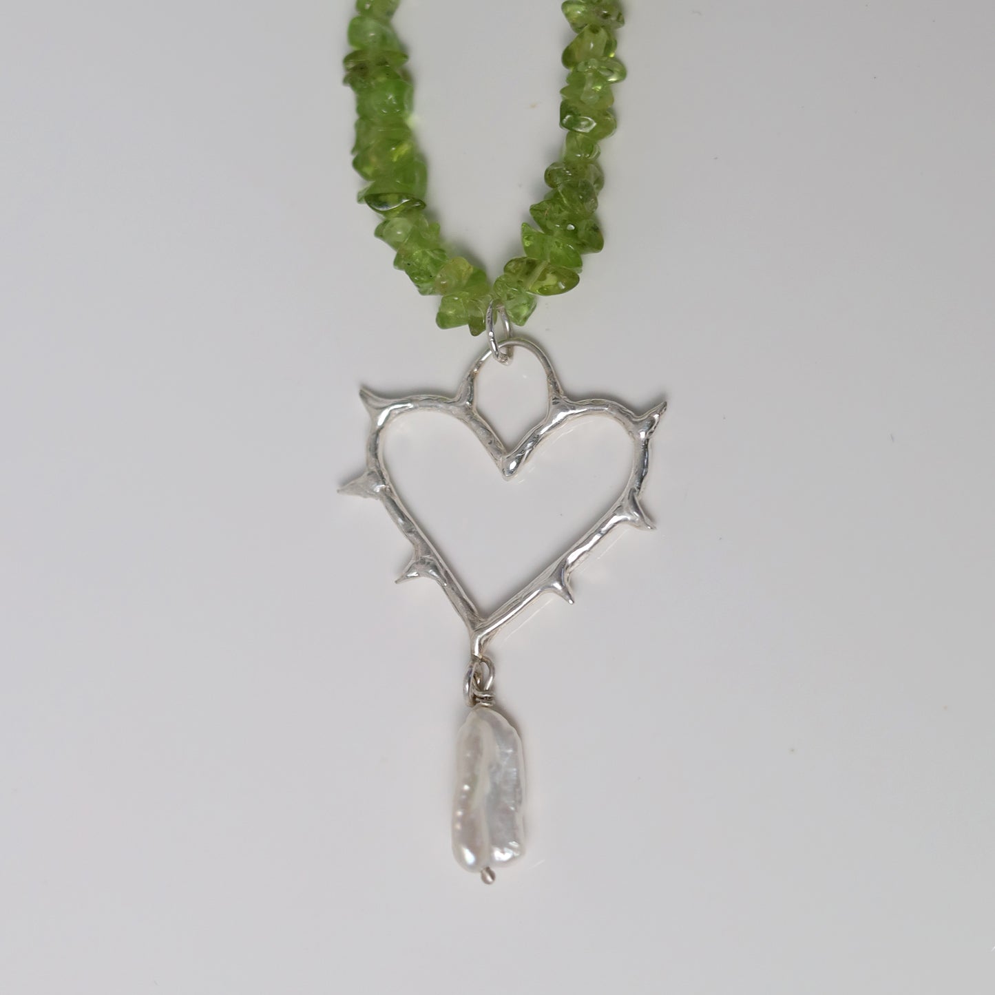 Sterling Silver Peridot & Pearl Cold Hearted Necklace