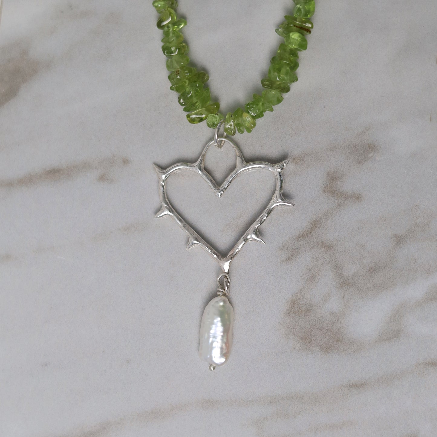 Sterling Silver Peridot & Pearl Cold Hearted Necklace