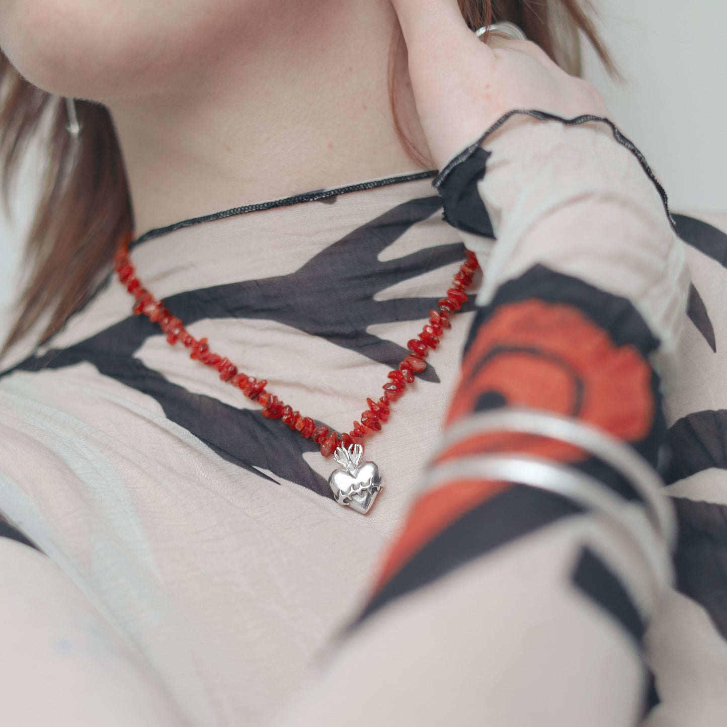 Sterling Silver Carnelian Sacred Heart Necklace