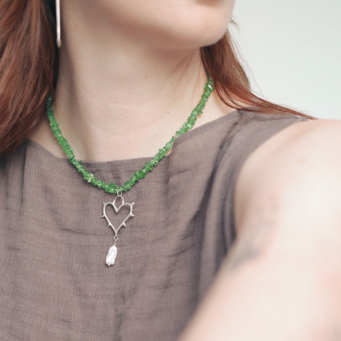 Sterling Silver Peridot & Pearl Cold Hearted Necklace